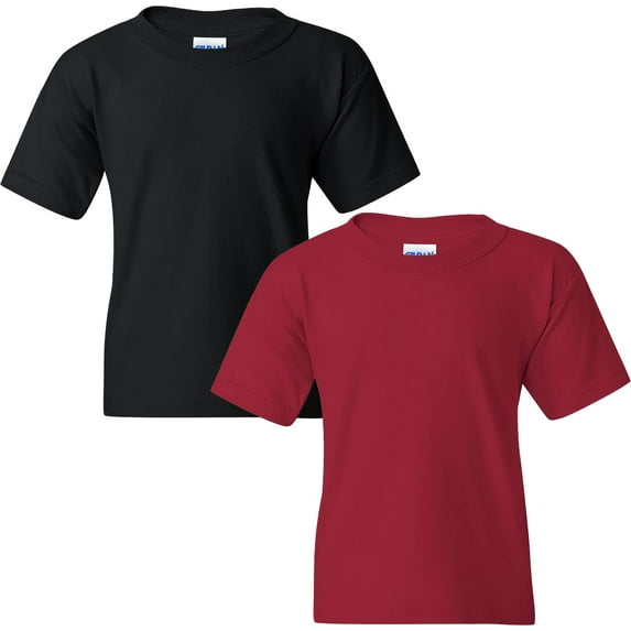 Gildan Youth Heavy Cotton T-Shirt, S, Cardinal (Pack of 2) (1 Black / 1 Cardinal)