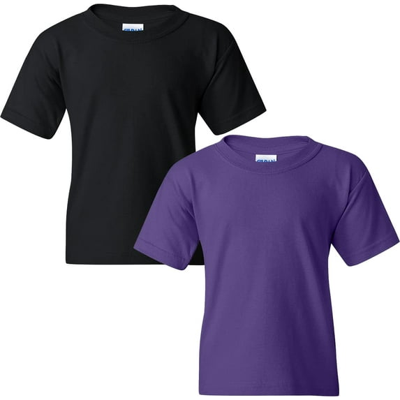 Gildan Youth Heavy Cotton T-Shirt, S, Purple (Pack of 2) (1 Black / 1 Purple)