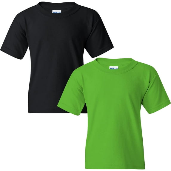 Gildan Youth Heavy Cotton T-Shirt, XS, Electric Green (Pack of 2) (1 Black / 1 Electric Green)