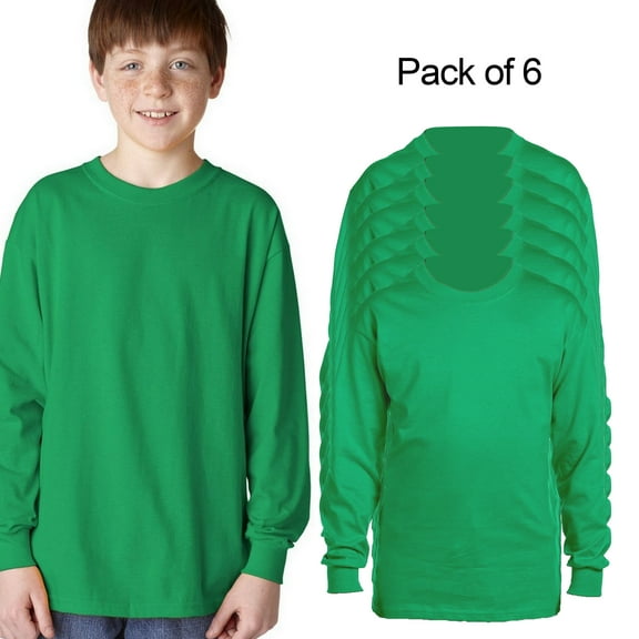 Gildan Youth Long Sleeve T-Shirt, Casual Crew Neck Irish Green Long Tee for Junior, 6 Pack Size-XS
