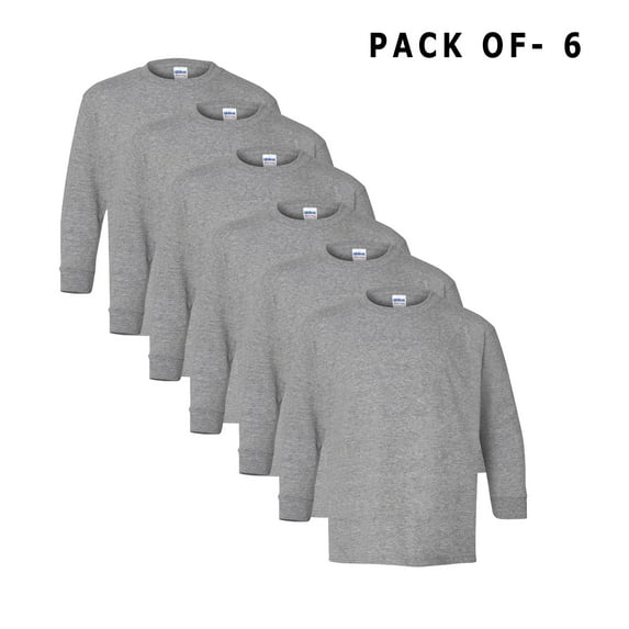 Gildan Youth Long Sleeve T-Shirt -GR54, Rib Collar Long Tee Shirt Unisex, Sport Grey, Pack 6, XL