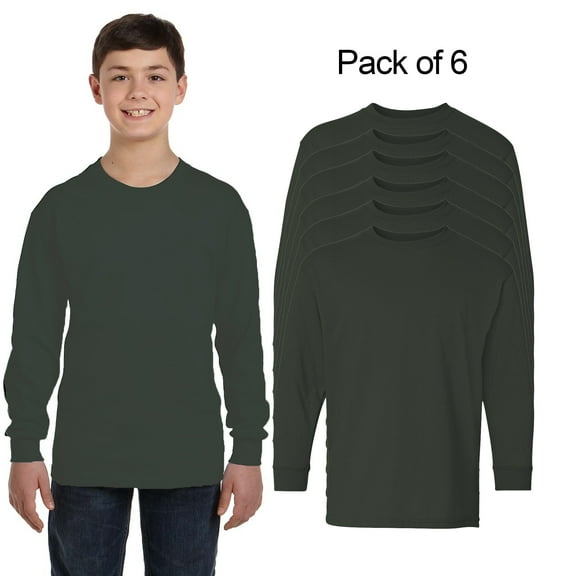 Gildan Youth Long Sleeve T-Shirt, Junior Casual Cotton Crew Long Tee, Forest Green, Pack 6 Size-XS