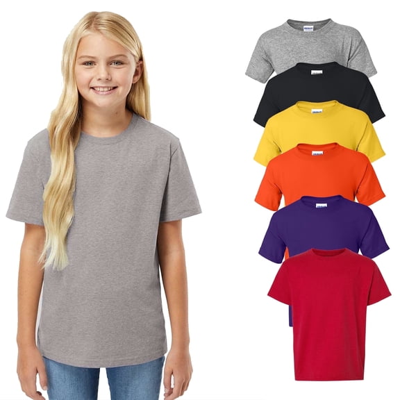 Gildan - Youth T-Shirt, Rib Collar Crew Neck Tee | Preshrunk Cotton 50, Polyester 50, 5.5 oz | Bulk Color, Pack-6, Size-XS