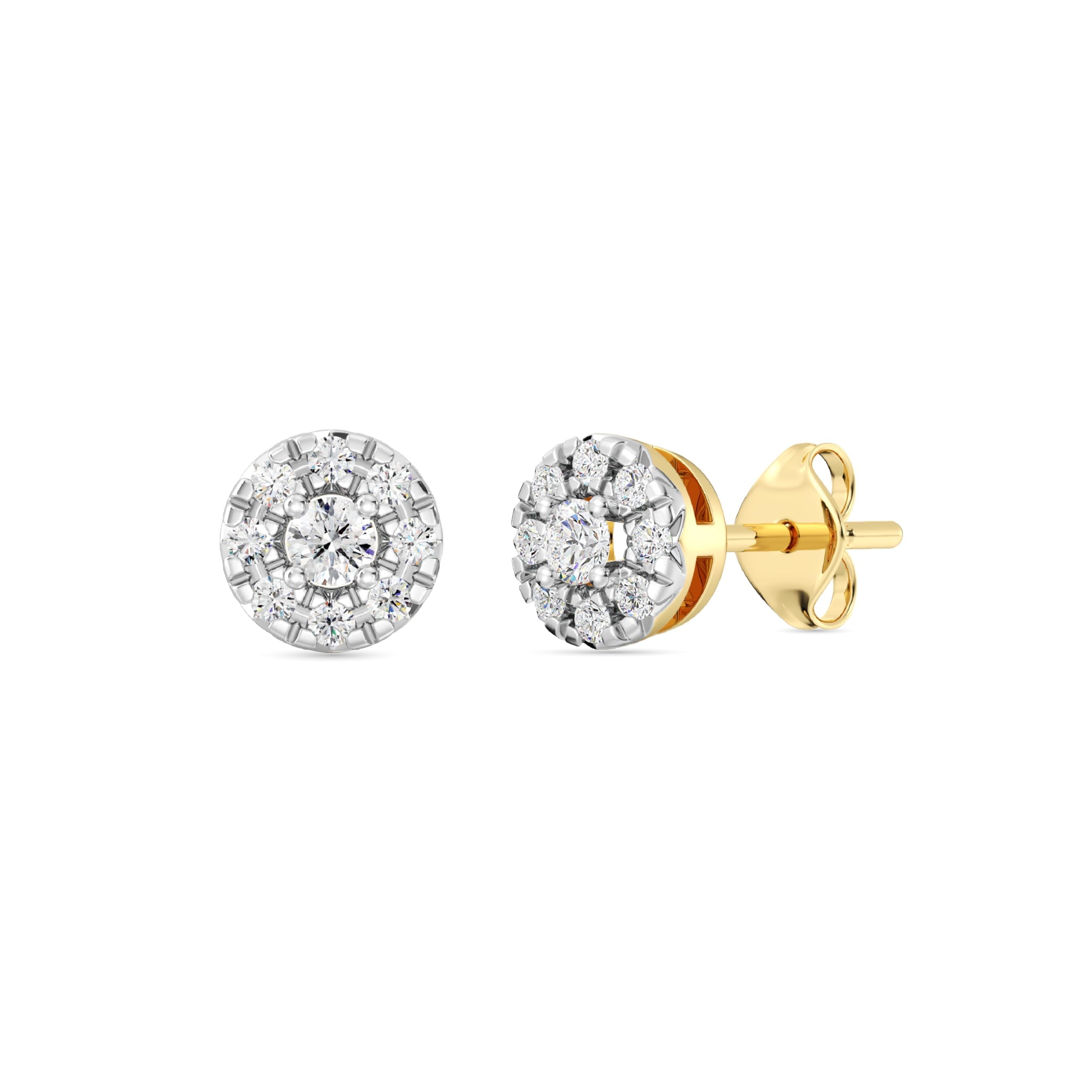 Gilded 1/4 Carat Total Weight Lab-Grown Diamond 14KT Yellow Gold Plated Silver Stud Earrings for Women, Round Halo Shaped, Hypoallergenic Fine Jewelry, Prong Setting Push Back Nut SI1 Clarity F Color