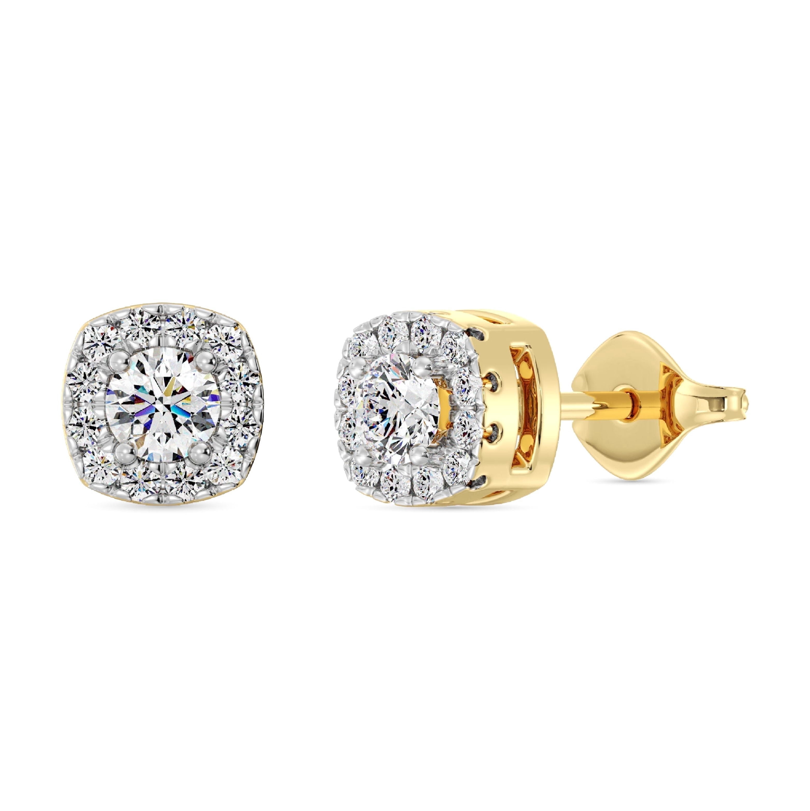 Gilded 1/4 Carat Total Weight Lab-Grown Diamond 14KT Yellow Gold Plated Silver Stud Earrings for Women, Cushion Halo Studs Hypoallergenic Fine Jewelry, Prong Setting Push Back Nut SI1 Clarity F Color