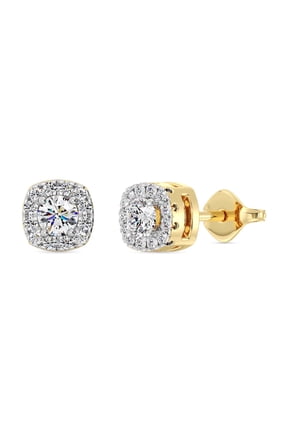 Gilded 1/4 Carat Total Weight Lab-Grown Diamond 14KT Yellow Gold Plated Silver Stud Earrings for Women, Cushion Halo Studs Hypoallergenic Fine Jewelry, Prong Setting Push Back Nut SI1 Clarity F Color