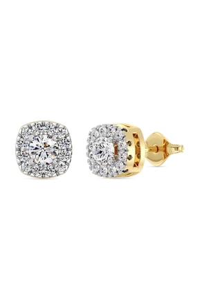 Gilded 1/2 Carat Total Weight Lab-Grown Diamond 14KT Yellow Gold Plated Silver Stud Earrings for Women, Cushion Halo Studs Hypoallergenic Fine Jewelry, Prong Setting Push Back Nut SI1 Clarity F Color