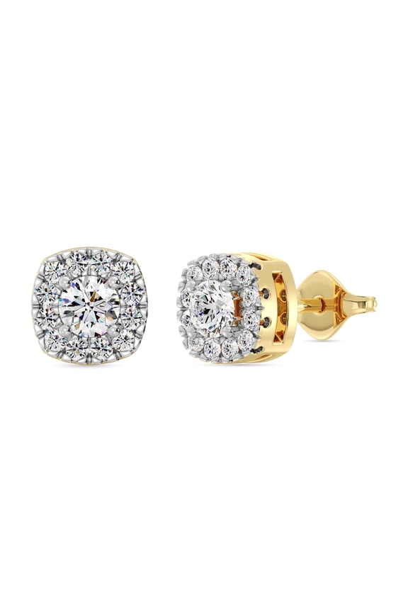 1/2 Carat Total Weight Lab-Grown Diamond 14KT Yellow Gold Plated Silver Stud Earrings for Women, Cushion Halo Studs Hypoallergenic Fine Jewelry, Prong Setting Push Back Nut SI1 Clarity F Color