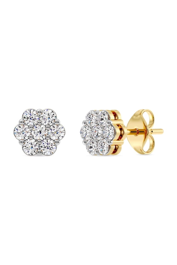 1/2 Carat Total Weight Lab-Grown Diamond 14KT Yellow Gold Plated Silver Stud Earrings for Women, 7-Stone Flower Shaped, Hypoallergenic Fine Jewelry, Prong Setting Push Back SI1 Clarity F Color