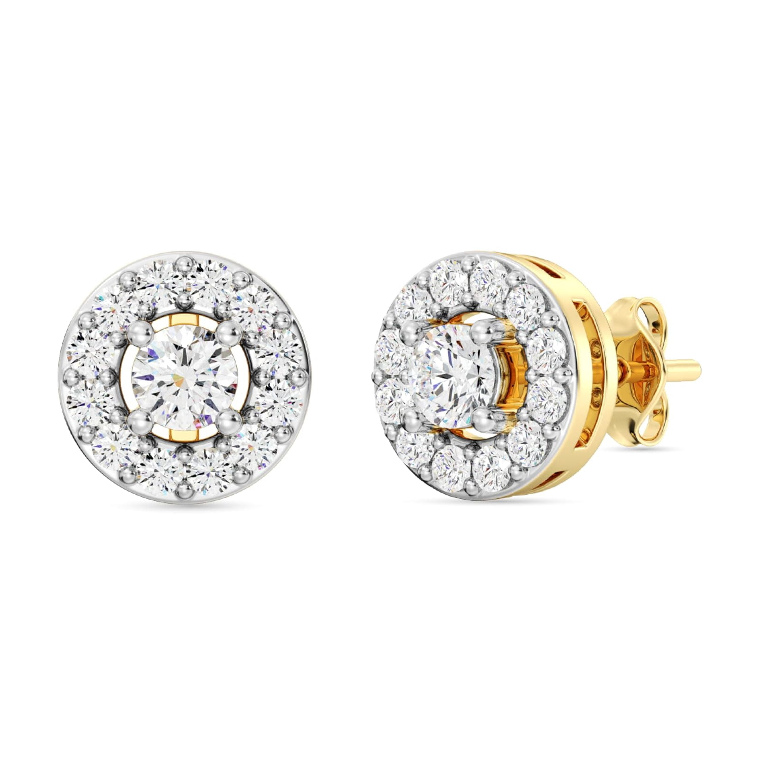 Gilded 1 Carat Total Weight Lab-Grown Diamond 14KT Yellow Gold Plated Silver Stud Earrings for Women, Round Halo Shaped, Hypoallergenic Fine Jewelry, Prong Setting, Push Back Nut, SI1 Clarity F Color