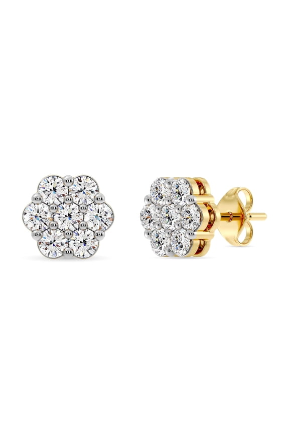 1 Carat Total Weight Lab-Grown Diamond 14KT Yellow Gold Plated Silver Stud Earrings for Women, 7-Stone Flower Shaped, Hypoallergenic Fine Jewelry, Prong Setting, Push Back SI1 Clarity, F Color