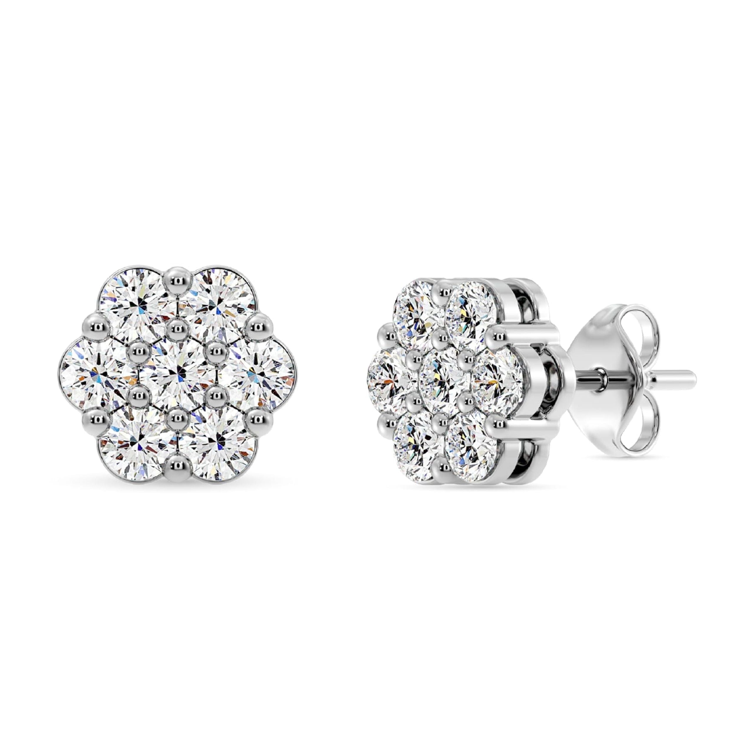 Gilded 1 Carat Total Weight Lab-Grown Diamond Stud Earrings for Women | 925 Sterling Silver | 7-Stone Flower Shaped | Hypoallergenic Fine Jewelry | Prong Setting, Push Back Nut | SI1 Clarity, F Color