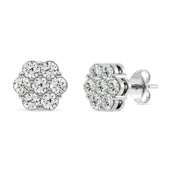 Gilded 1 Carat Total Weight Lab-Grown Diamond Stud Earrings for Women | 925 Sterling Silver | 7-Stone Flower Shaped | Hypoallergenic Fine Jewelry | Prong Setting, Push Back Nut | SI1 Clarity, F Color