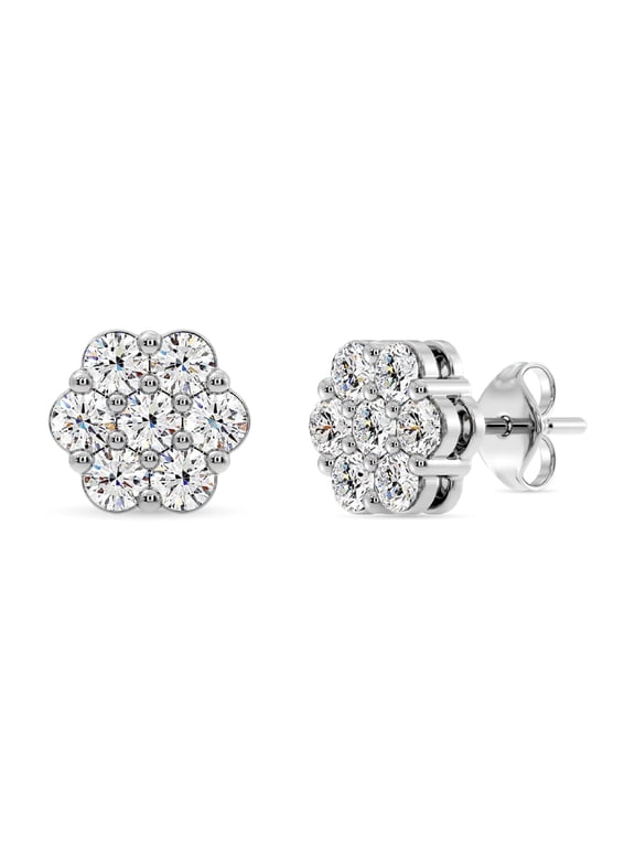 1 Carat Total Weight Lab-Grown Diamond Stud Earrings for Women | 925 Sterling Silver | 7-Stone Flower Shaped | Hypoallergenic Fine Jewelry | Prong Setting, Push Back Nut | SI1 Clarity, F Color