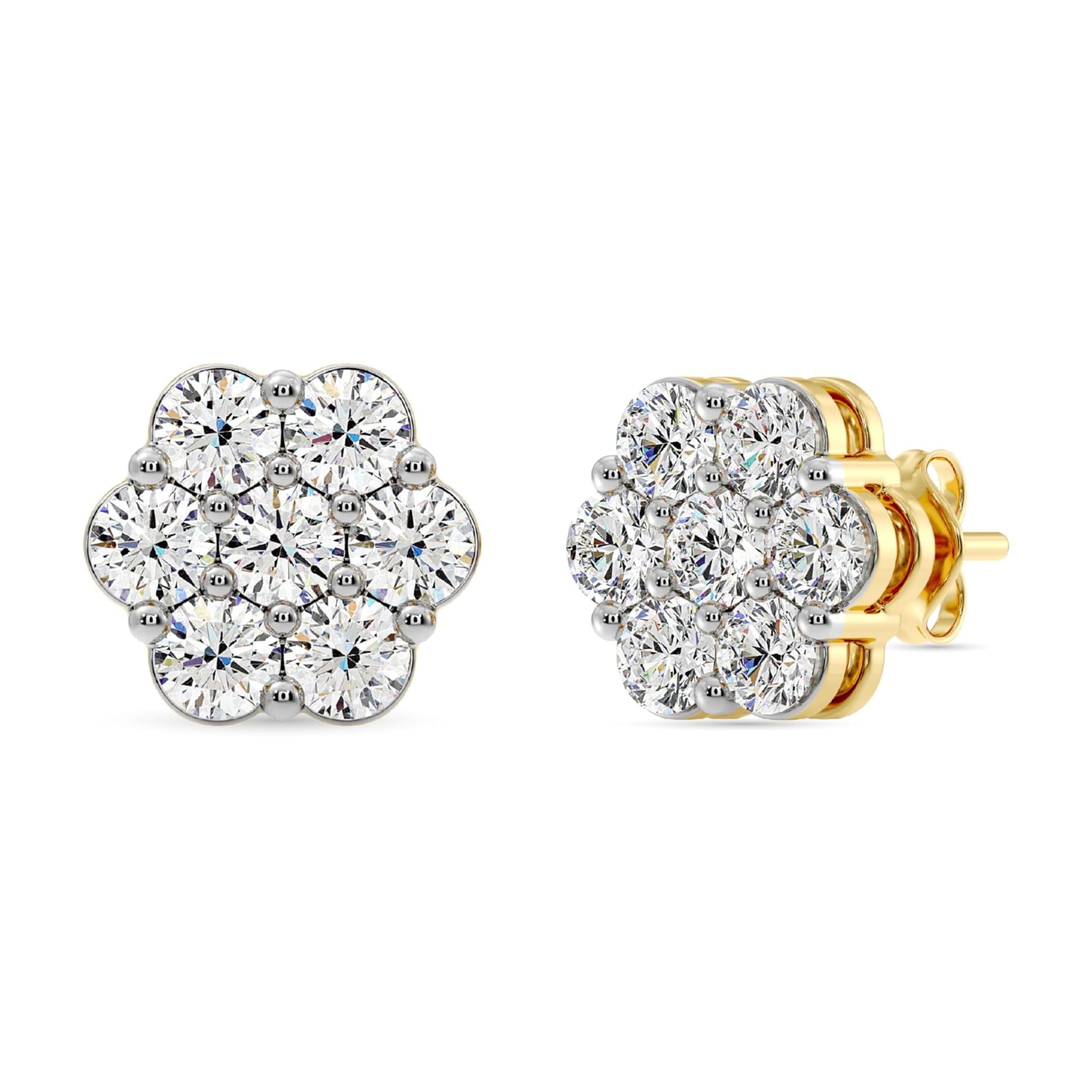 Gilded 2 Carat Total Weight Lab-Grown Diamond 14KT Yellow Gold Plated Silver Stud Earrings for Women, 7-Stone Flower Shaped, Hypoallergenic Fine Jewelry, Prong Setting, Push Back SI1 Clarity, F Color