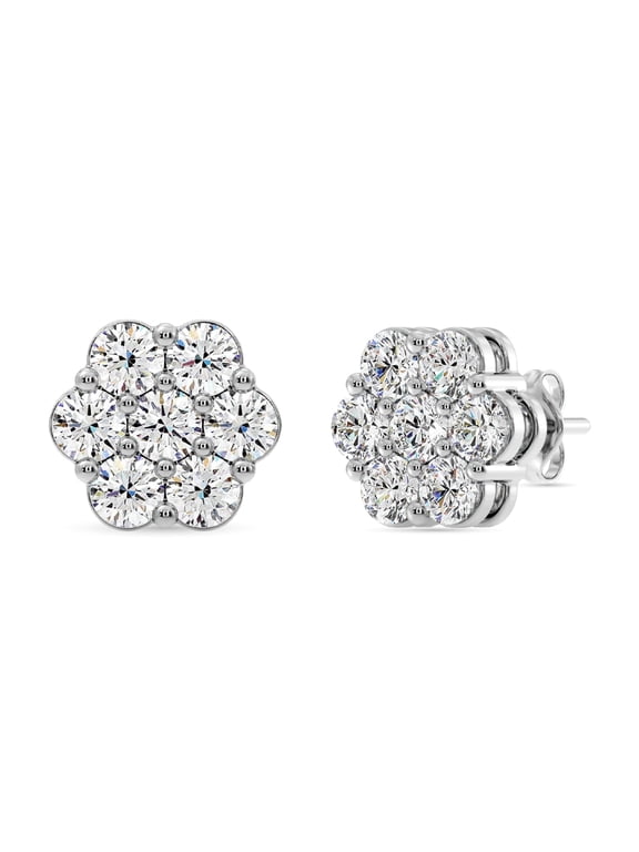 2 Carat Total Weight Lab-Grown Diamond Stud Earrings for Women | 925 Sterling Silver | 7-Stone Flower Shaped | Hypoallergenic Fine Jewelry | Prong Setting, Push Back Nut | SI1 Clarity, F Color