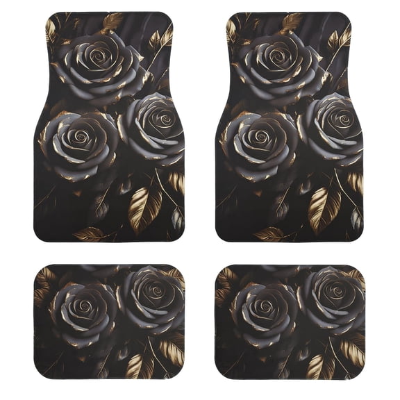 Gilded Black Rose Car Floor Mats Full Set, Tech Cloth All-Weather Non-Slip Universal Fit Front and Rear Liners for Cars SUVs Trucks
