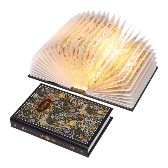 Gilded Book Lamp, Ideal Gift for Book Lovers, Rechargeable Portable Touch Control Book Light with Vivid Flower Printed Pages, 360° Foldable, Stylish Decor for Home/Library/Bookshelf (Black)