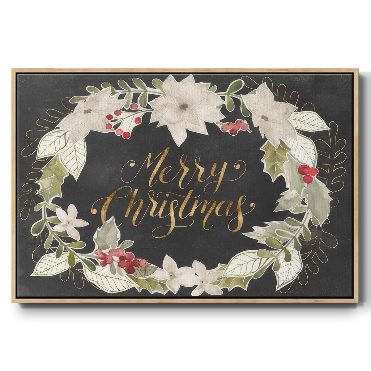 Gilded Christmas Collection A - Framed Gallery Wrapped Holiday Canvas - 17 x 25 - Natural Wood Frame