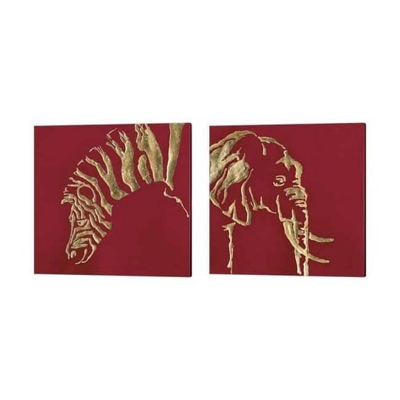 Gilded Elephant Zebra on Red by Chris Paschke Canvas Art Set of 2 14 inch X 14 inch Each