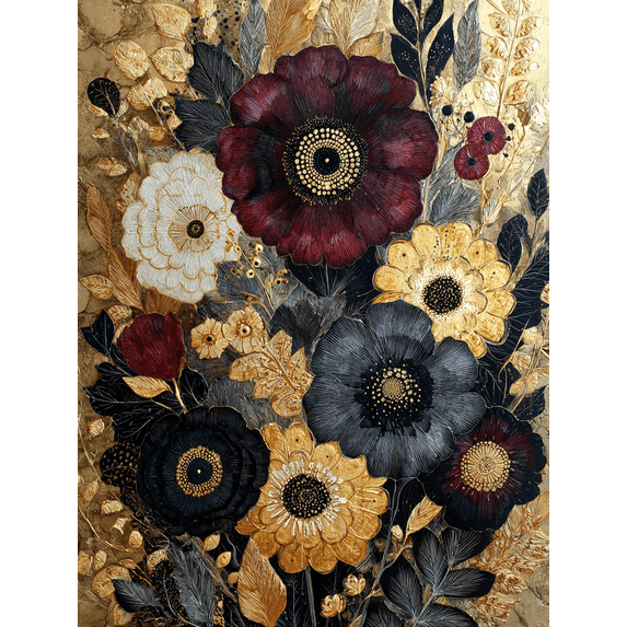 Gilded Floral Arrangement Textured Canvas Print, Suitable for Living Room, Bedroom, Office, Entryway, Dining Room