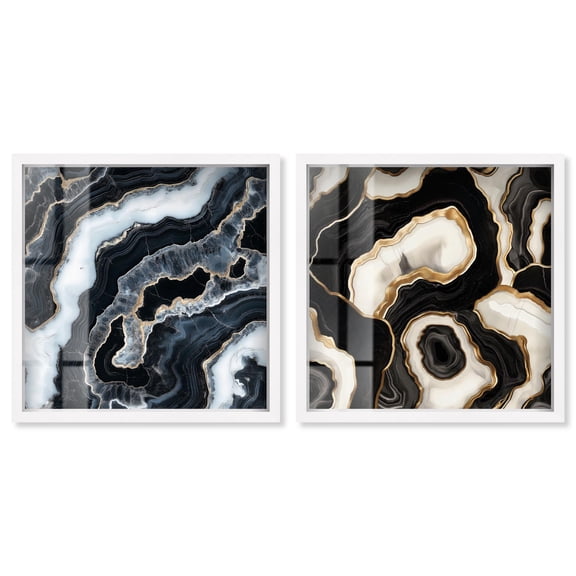 Gilded Glam Geode Pair Set Shadowbox Boho Wall Decor by Art Remedy, White Frame, 20 x 20