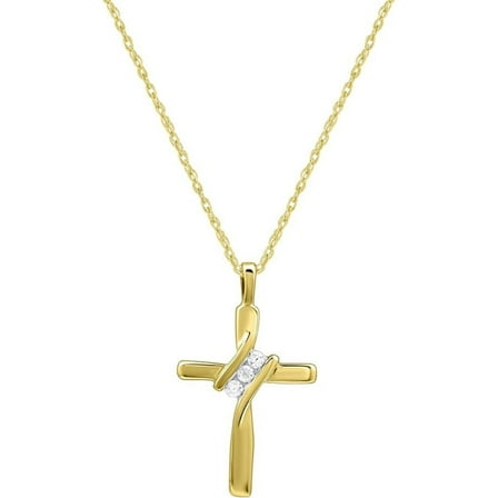 Gilded Gold Plated Sterling Silver Natural Round-Cut Diamond Accent (I-J Color, I2-I3 Clarity) 3 Stone Cross Pendant-Necklace,18"