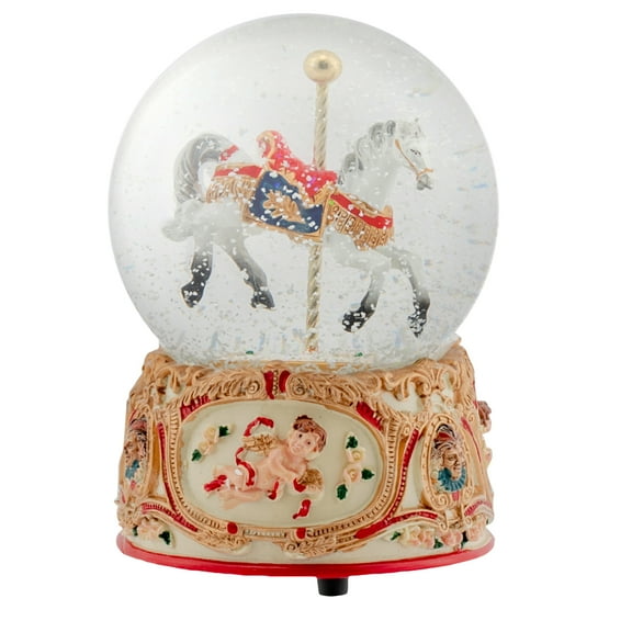Gilded Gold Tone Cupid and Carousel Horse 100MM Musical Water Globe Plays Tune Unchained Melody