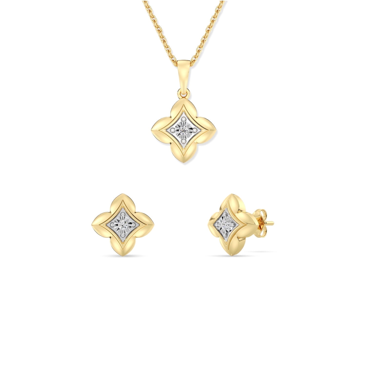 GILDED 1/10 CTTW Lab-Grown Diamond 12-Facet Stud Earrings & 18" Necklace Set, 14K Gold-Plated Sterling Silver, Tarnish-Resistant, Ethical Jewelry for Women, Gift Box Included, Ideal for Gifting