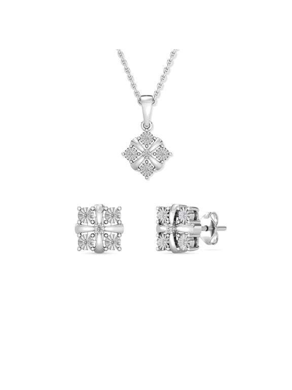1/10 CTTW Lab-Grown Diamond Diamond shaped Stud Earrings & 18" Necklace Set, Sterling Silver, Elegant & Ethical Jewelry for Women, Gift Box Included, Ideal for Anniversaries, Birthdays & Gifts