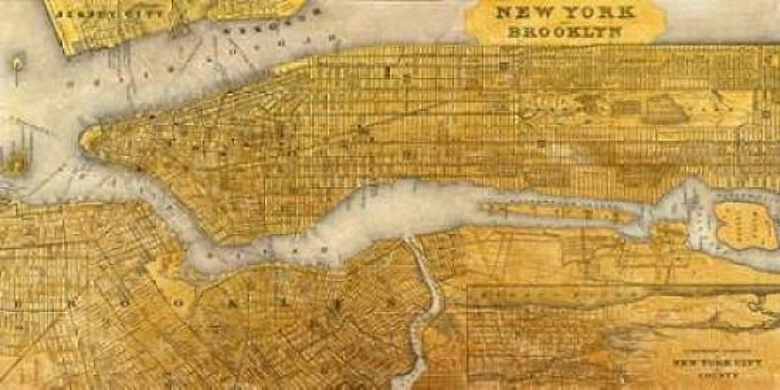 Gilded Map of NYC Canvas Art - Joannoo (10 x 20)