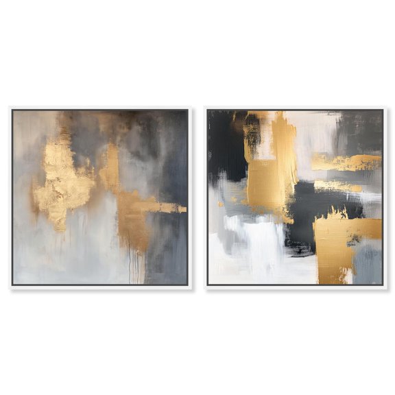 Gilded Tranquility 2 Panel Set Canvas Print Abstract Wall Art by Art Remedy, White Frame, 20 x 20