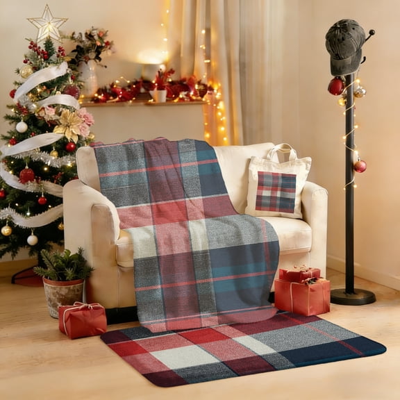 Gilden Christmas Plaid 4-Piece Cozy Set: 50x60 Inch Flannel Blanket + 15.75x13.78 Inch Canvas Tote + Washed Denim Beanie + 24x16 Inch Flannel Mat – Festive Holiday Home Decor Gift Bundle