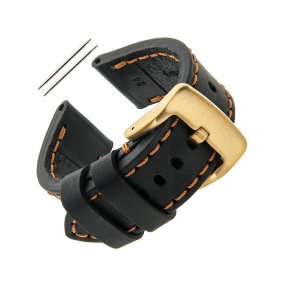 Gilden Gents Thick and Heavy Sport Calfskin 20-26mm Leather Watch Band TS62 (24mm End Width, Black, Gold Buckle)