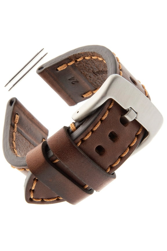 Gents Thick and Heavy Sport Calfskin 20-26mm Leather Watch Band TS62 (24mm End Width, Brown, Stainless Steel Buckle)