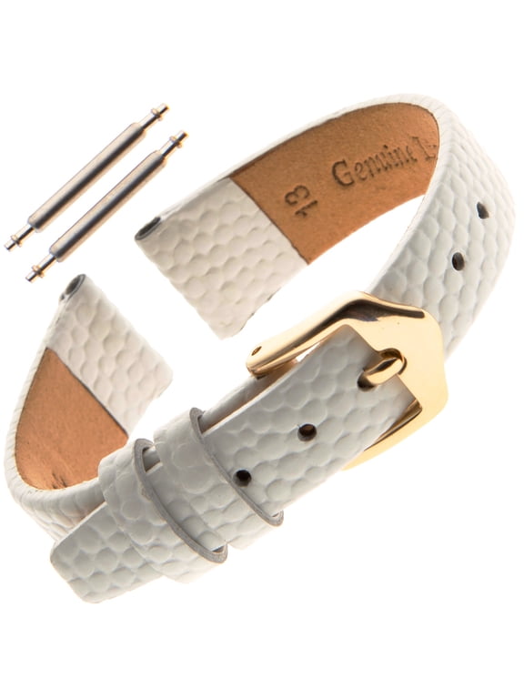 Ladies 10-14mm Flat Lizard-Grain Calfskin Watch Strap F40 (13mm End Width, Regular Length, White, Gold-Tone Buckle)