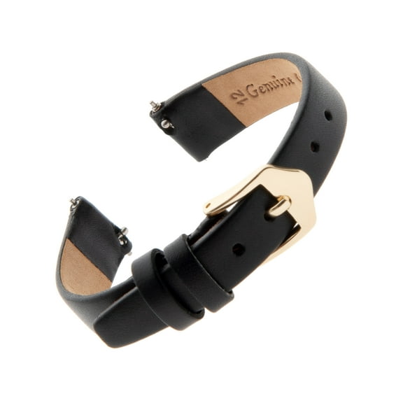 Gilden Ladies 10-14mm Quick Release Classic Calfskin Flat Black Leather Watch Band F60 (12mm End Width, Regular Length, Fits Movado)