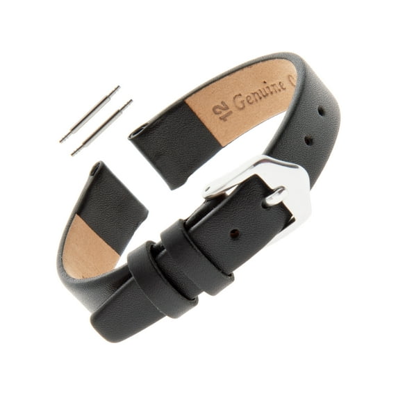 Gilden Ladies Classic Calfskin 6-14mm Flat Black Leather Watch Band F60 (14mm End Width, Extra Long, Silver-Tone Buckle)