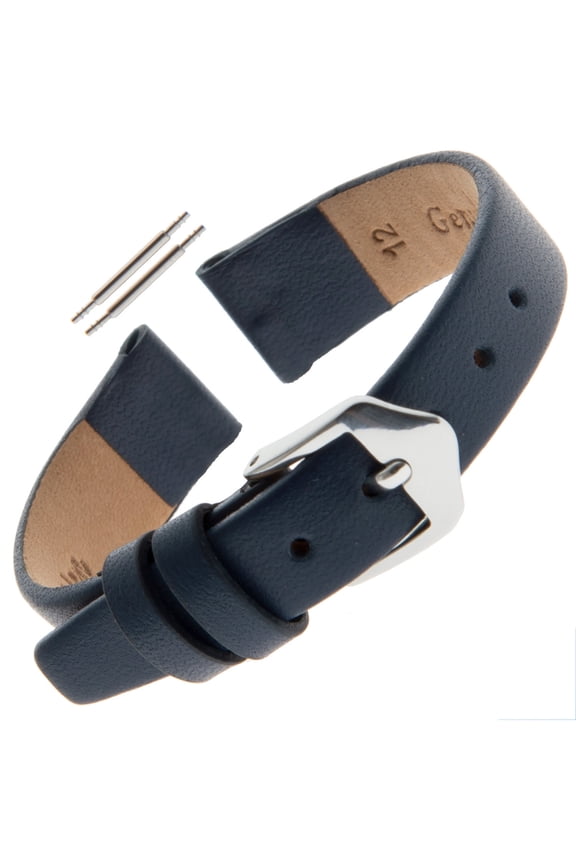 Ladies Classic Calskin Fashion Color 10-14mm Flat Leather Watch Band F60 (12mm End Width, Regular Length, Navy Blue)