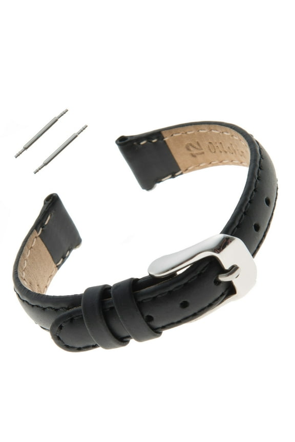 Ladies Water-Resistant Oilskin 10-14mm Leather Watch Band MSW63 (12mm End Width, Regular Length, Black, Stainless Steel Buckle)