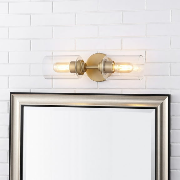 JONATHAN Y Giles 16" 2-Light Farmhouse Industrial Iron Cylinder LED Sconce, Brass Gold/Clear