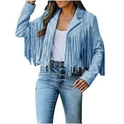 GiliGiliso Fringe Coat For Women Faux Suede Leather Cowboy Style Coat Long Sleeve Tassels Cardigan Coat