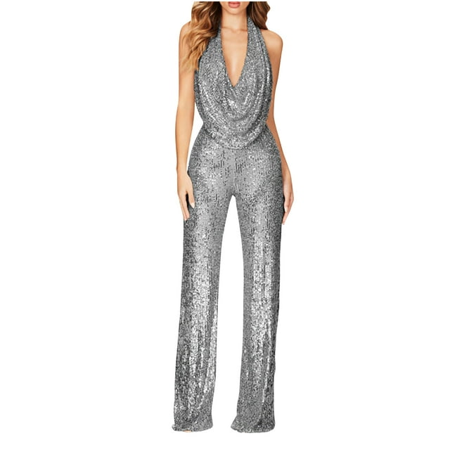 GiliGiliso Women Sequin Solid Color Short-sleeved Casual Jumpsuit ...