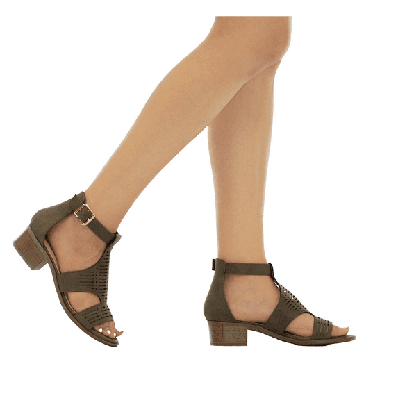 Gilian-1 Women's Open Toe Laser Cutout Chunky Heel Ankle Strap Vegan Suede Sandals OLIVE_GREEN 5.5