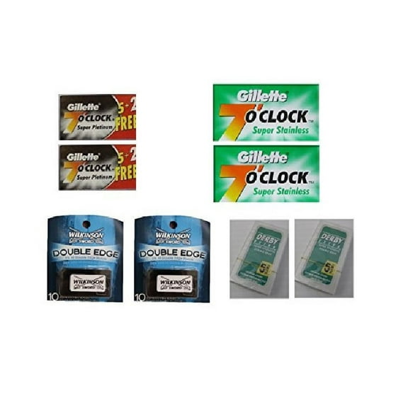 Gillette 7 O'Clock Black Platinum DE Blades, 7 ct (2 Pack) + 7OClock Permasharp Green DE Blades, 10 ct (2 Pack) + Wilkinson Sword DE Razor Blades 10 ct (2 Pack) + Derby Extra DE Blades 5 ct (2 Pack)