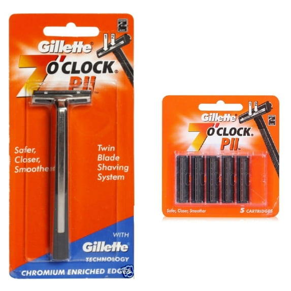 Gillette 7 O'Clock PII Trac II Razor + 7 O'Clock PII 5 ct. Razor Blades (No Lube Strip)