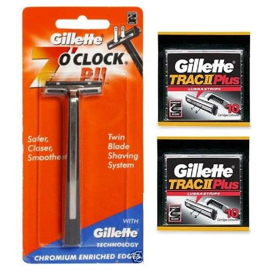 Gillette 7 O'Clock PII Trac II Razor + Trac II Plus Refill Blade Cartridges 10 ct. (Pack of 2)