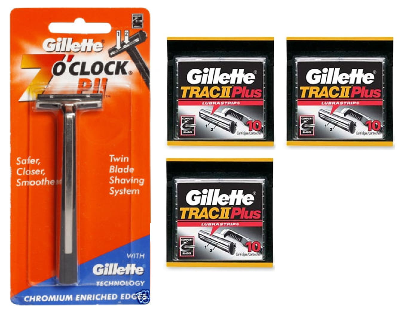 Gillette 7 O'Clock PII Trac II Razor + Trac II Plus Refill Blade Cartridges 10 ct. (Pack of 3