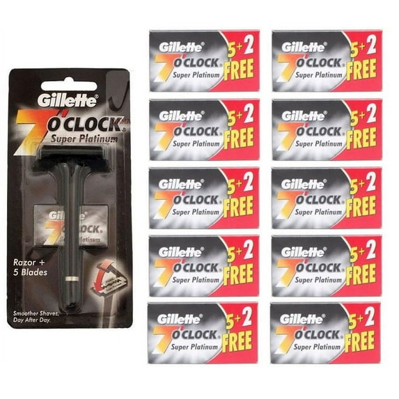 Gillette 7 O'Clock Super Platinum Safety Razor w/ 5 Blades + 7 O'Clock Black Super Platinum Double Edge Blades, 7 ct. (Pack of 10)