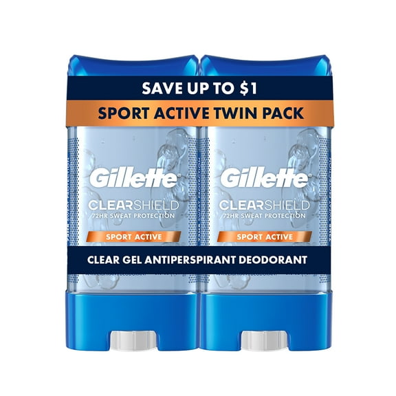 Gillette Antiperspirant Deodorant for Men, Clear Gel, Sport Active, Twin Pack, 3.8 oz